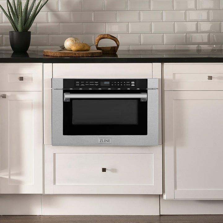 ZLINE Autograph Edition 24 in. 1.2 cu. ft. Built-in Microwave Drawer with a Traditional Handle in Satin Stainless Steel and Champagne Bronze Accents (MWDZ-1-SS-H-CB)