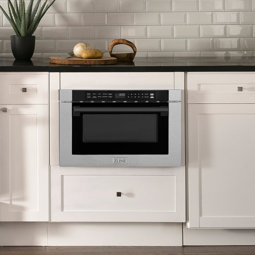 ZLINE Autograph Edition 24 in. 1.2 cu. ft. Built-in Microwave Drawer with a Traditional Handle in Satin Stainless Steel and Matte Black Accents (MWDZ-1-SS-H-MB)