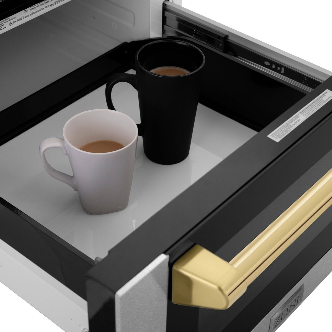 ZLINE Autograph Edition 24 in. 1.2 cu. ft. Built-in Microwave Drawer with a Traditional Handle in Satin Stainless Steel and Polished Gold Accents (MWDZ-1-SS-H-G)