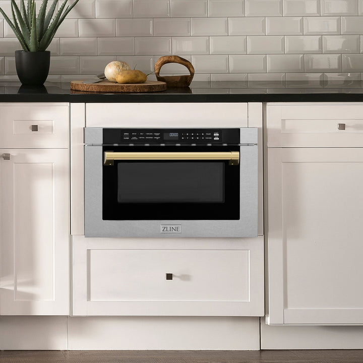 ZLINE Autograph Edition 24 in. 1.2 cu. ft. Built-in Microwave Drawer with a Traditional Handle in Satin Stainless Steel and Polished Gold Accents (MWDZ-1-SS-H-G)
