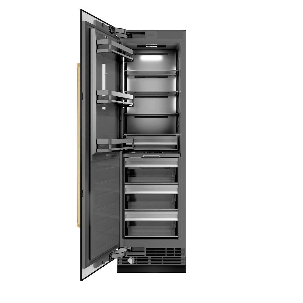 ZLINE Autograph Edition 24 in. 12.4 cu. ft. Column Freezer in Black Stainless Steel with Graphite Gray Interior and Polished Gold Accents (RCFVZ-BS-24-G)