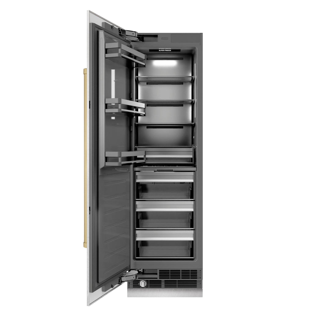 ZLINE Autograph Edition 24 in. 12.4 cu. ft. Column Freezer in Satin Stainless Steel with Graphite Gray Interior and Champagne Bronze Accents (RCFVZ-SN-24-CB)