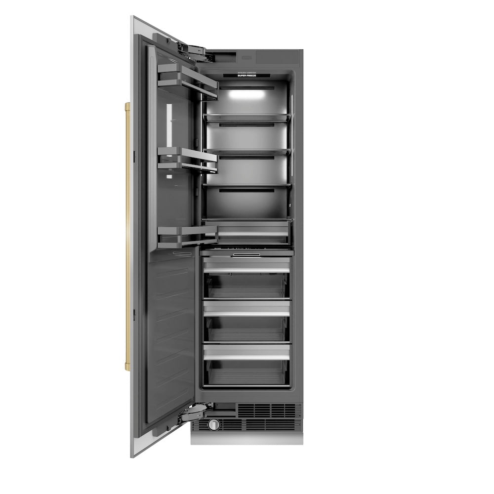 ZLINE Autograph Edition 24 in. 12.4 cu. ft. Column Freezer in Stainless Steel with Graphite Gray Interior and Champagne Bronze Accents (RCFVZ-304-24-CB)