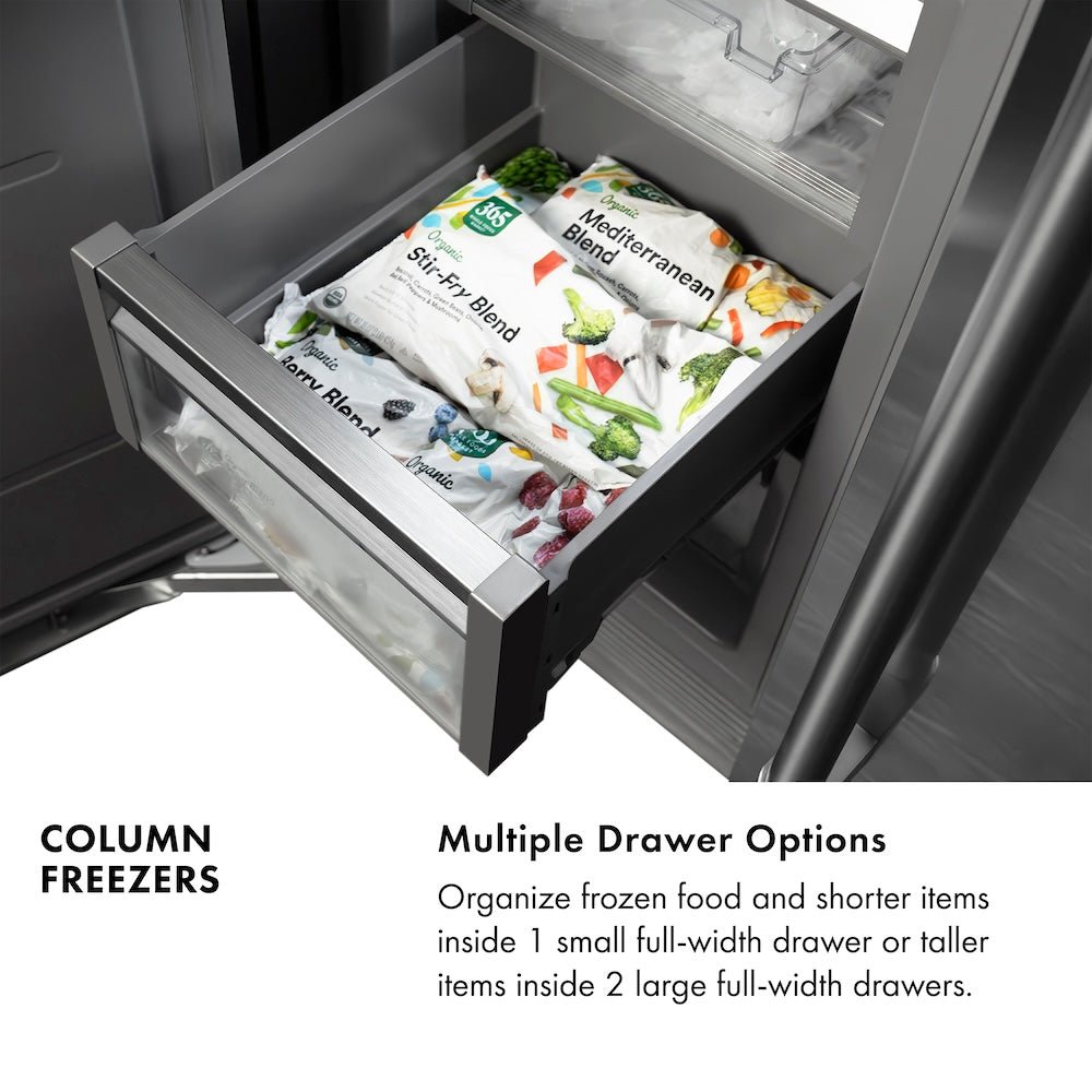 ZLINE Autograph Edition 24 in. 12.4 cu. ft. Column Freezer in Stainless Steel with Graphite Gray Interior and Polished Gold Accents (RCFVZ-304-24-G)