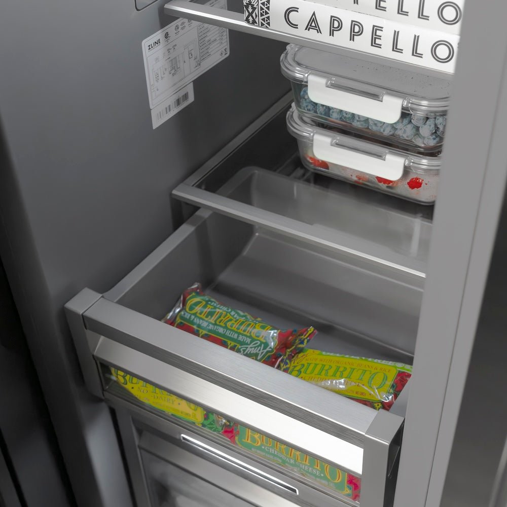 ZLINE Autograph Edition 24 in. 12.4 cu. ft. Column Freezer in Stainless Steel with Graphite Gray Interior and Polished Gold Accents (RCFVZ-304-24-G)