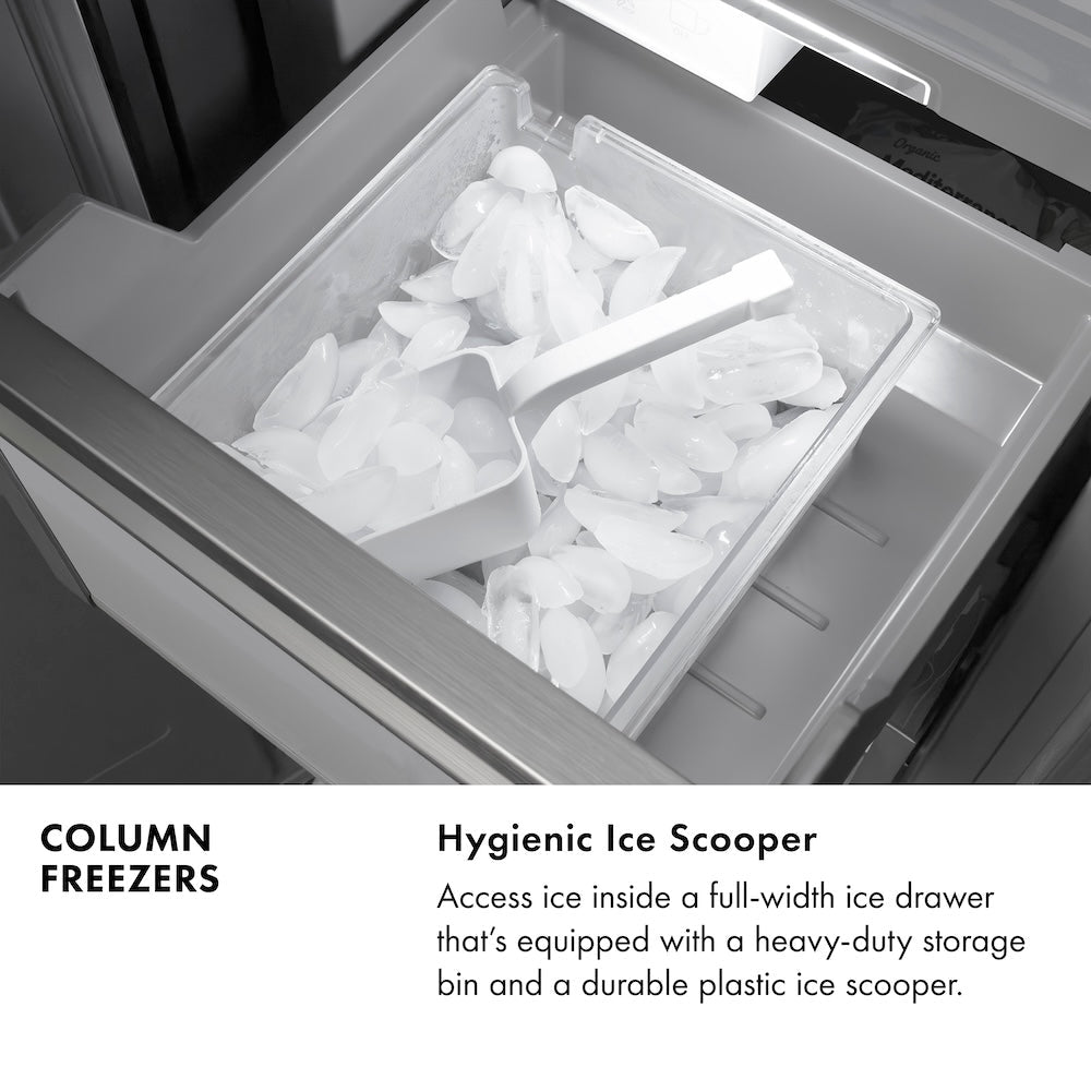ZLINE Autograph Edition 24 in. 12.4 cu. ft. Column Freezer in Stainless Steel with Graphite Gray Interior and Polished Gold Accents (RCFVZ-304-24-G)