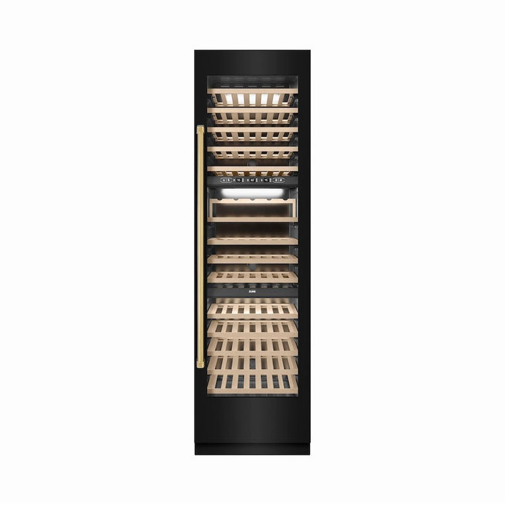 ZLINE Autograph Edition 24 in. 12.4 cu. ft. Triple Zone 100 Bottle Column Wine Cooler in Black Stainless Steel and Polished Gold Accents (RCWVZ-BS-24-G)