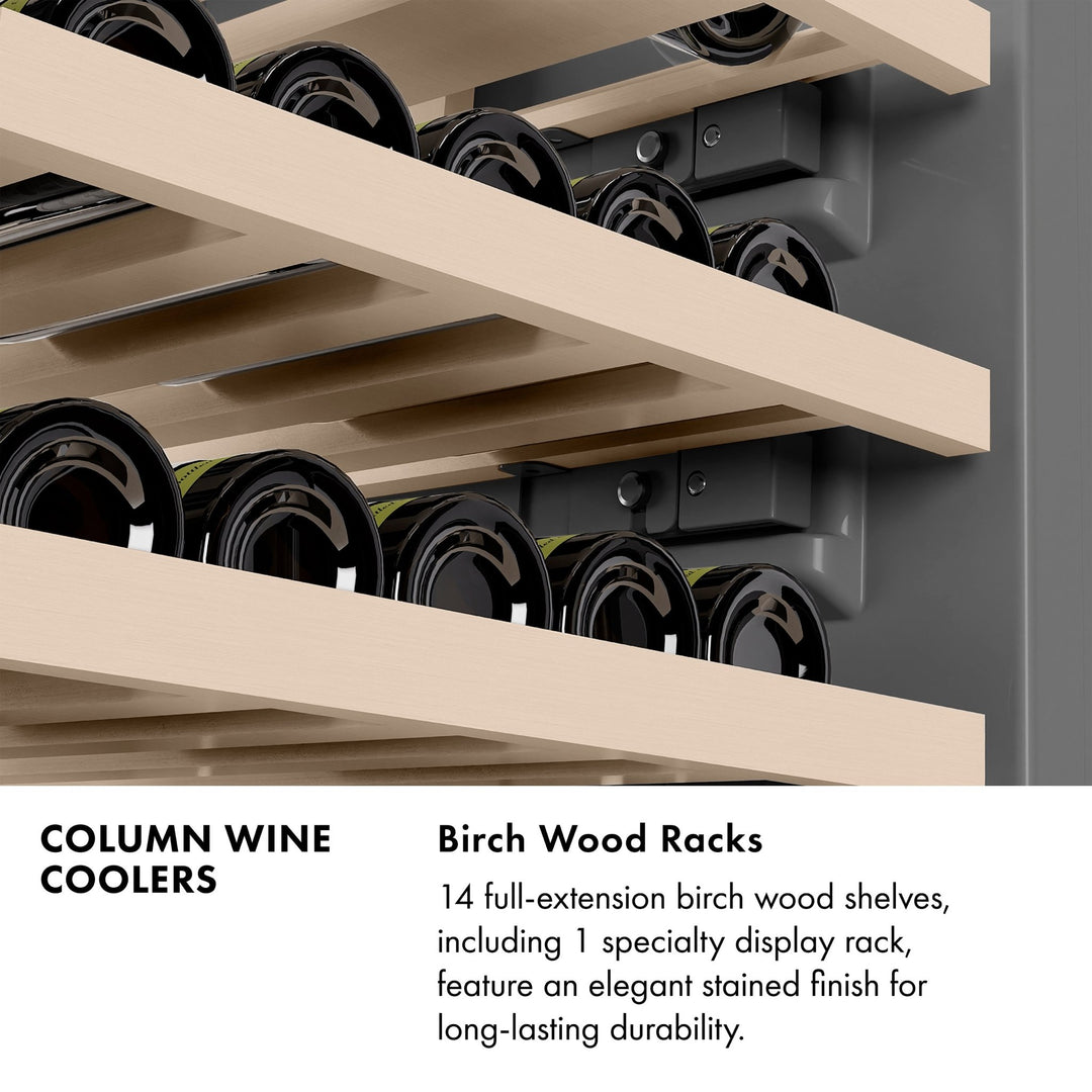 ZLINE Autograph Edition 24 in. 12.4 cu. ft. Triple Zone 100 Bottle Column Wine Cooler in Satin Stainless Steel and Champagne Bronze Accents (RCWVZ-SN-24-CB)