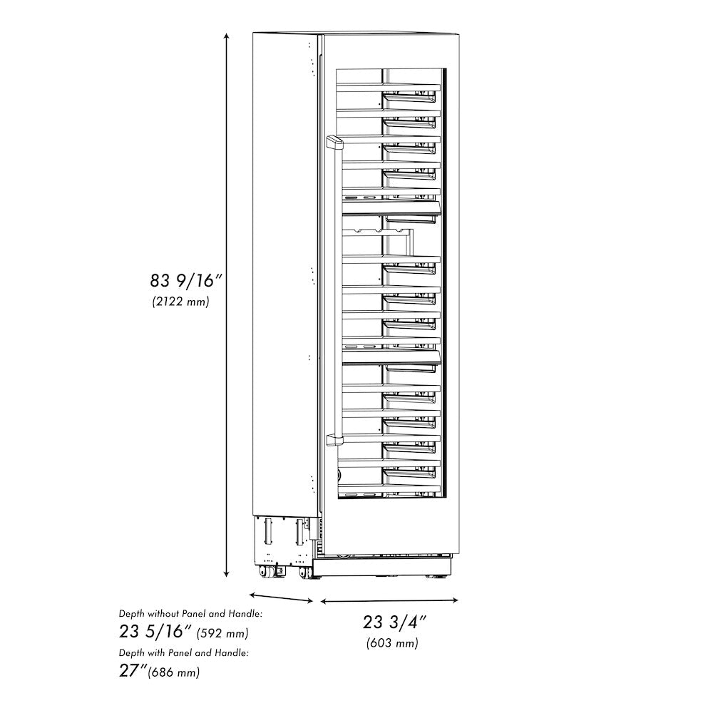 ZLINE Autograph Edition 24 in. 12.4 cu. ft. Triple Zone 100 Bottle Column Wine Cooler in Satin Stainless Steel and Matte Black Accents (RCWVZ-SN-24-MB)