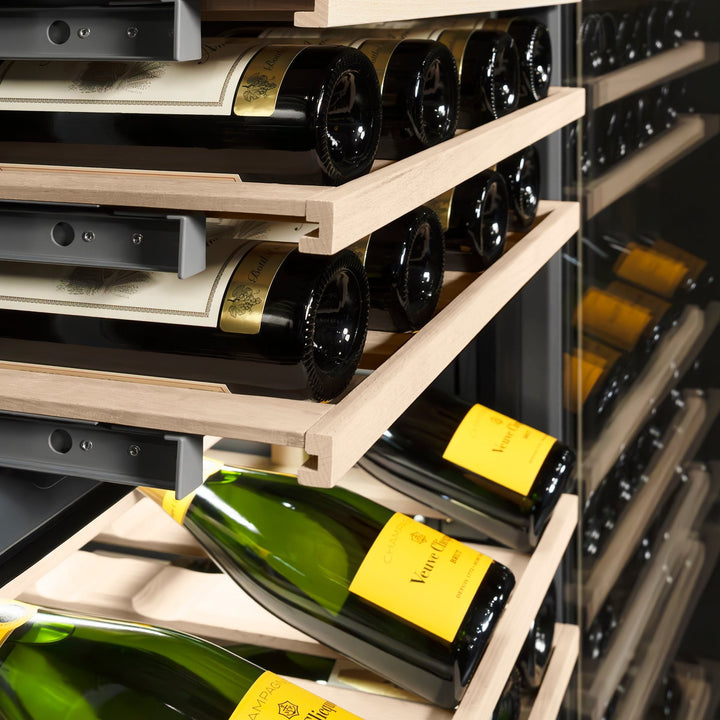 ZLINE Autograph Edition 24 in. 12.4 cu. ft. Triple Zone 100 Bottle Column Wine Cooler in Satin Stainless Steel and Matte Black Accents (RCWVZ-SN-24-MB)