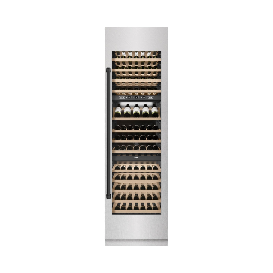 ZLINE Autograph Edition 24 in. 12.4 cu. ft. Triple Zone 100 Bottle Column Wine Cooler in Satin Stainless Steel and Matte Black Accents (RCWVZ-SN-24-MB)