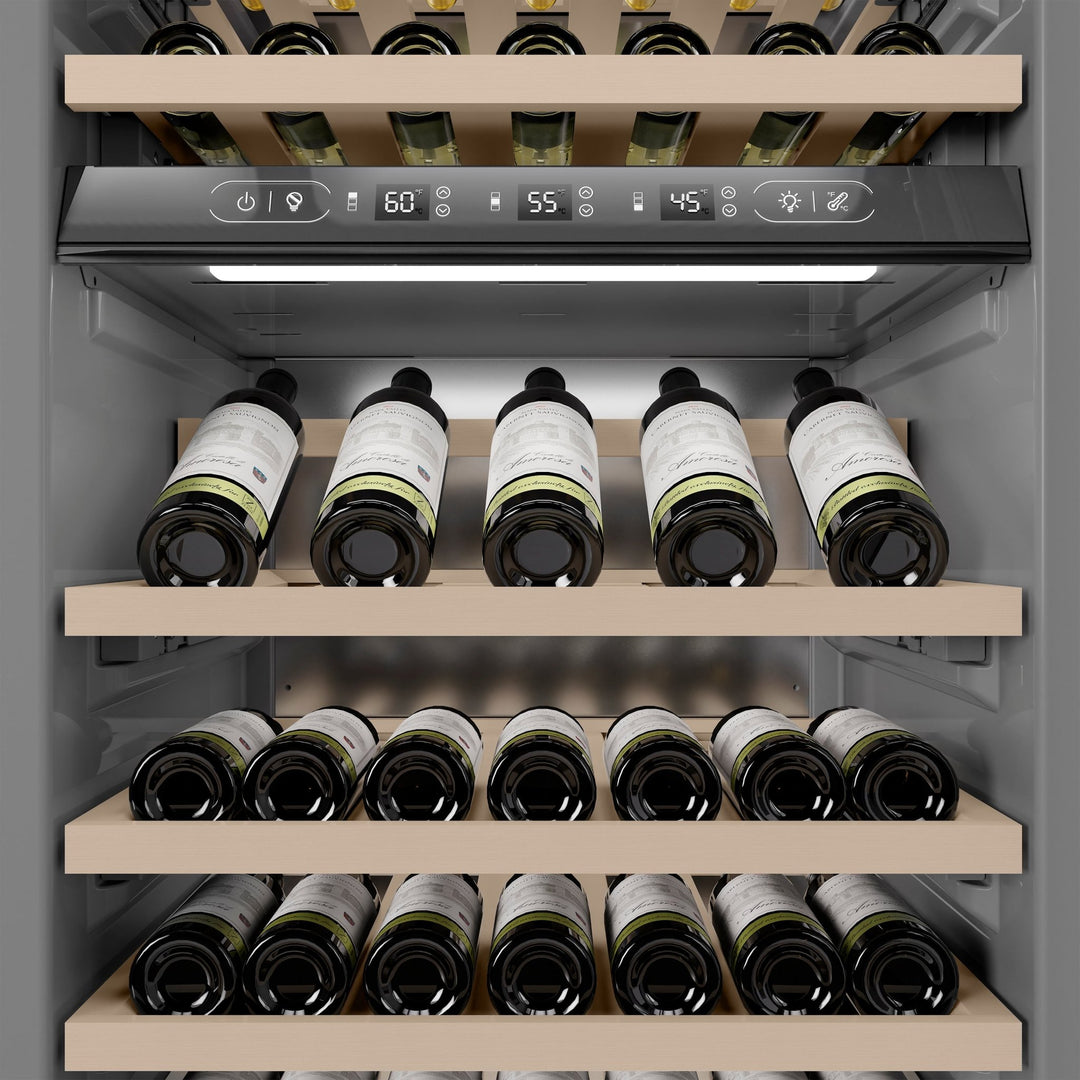 ZLINE Autograph Edition 24 in. 12.4 cu. ft. Triple Zone 100 Bottle Column Wine Cooler in Satin Stainless Steel and Polished Gold Accents (RCWVZ-SN-24-G)