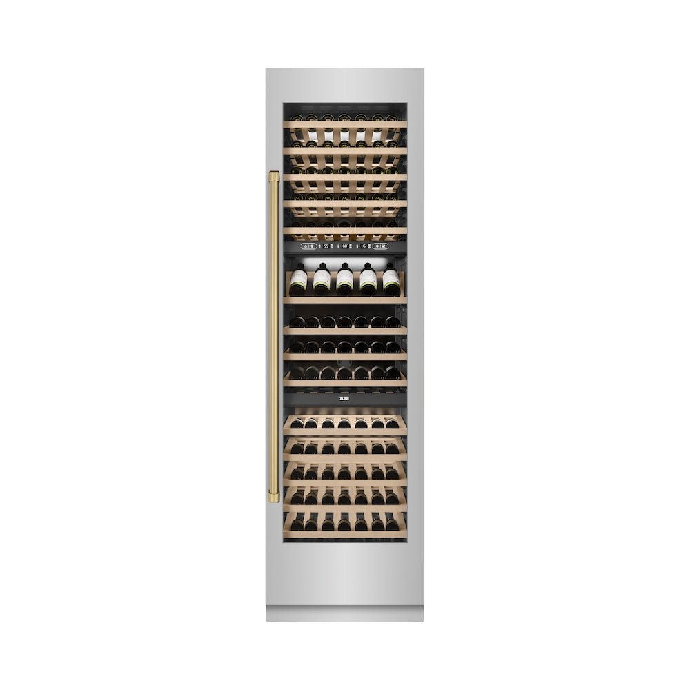 ZLINE Autograph Edition 24 in. 12.4 cu. ft. Triple Zone 100 Bottle Column Wine Cooler in Stainless Steel and Champagne Bronze Accents (RCWVZ-304-24-CB)