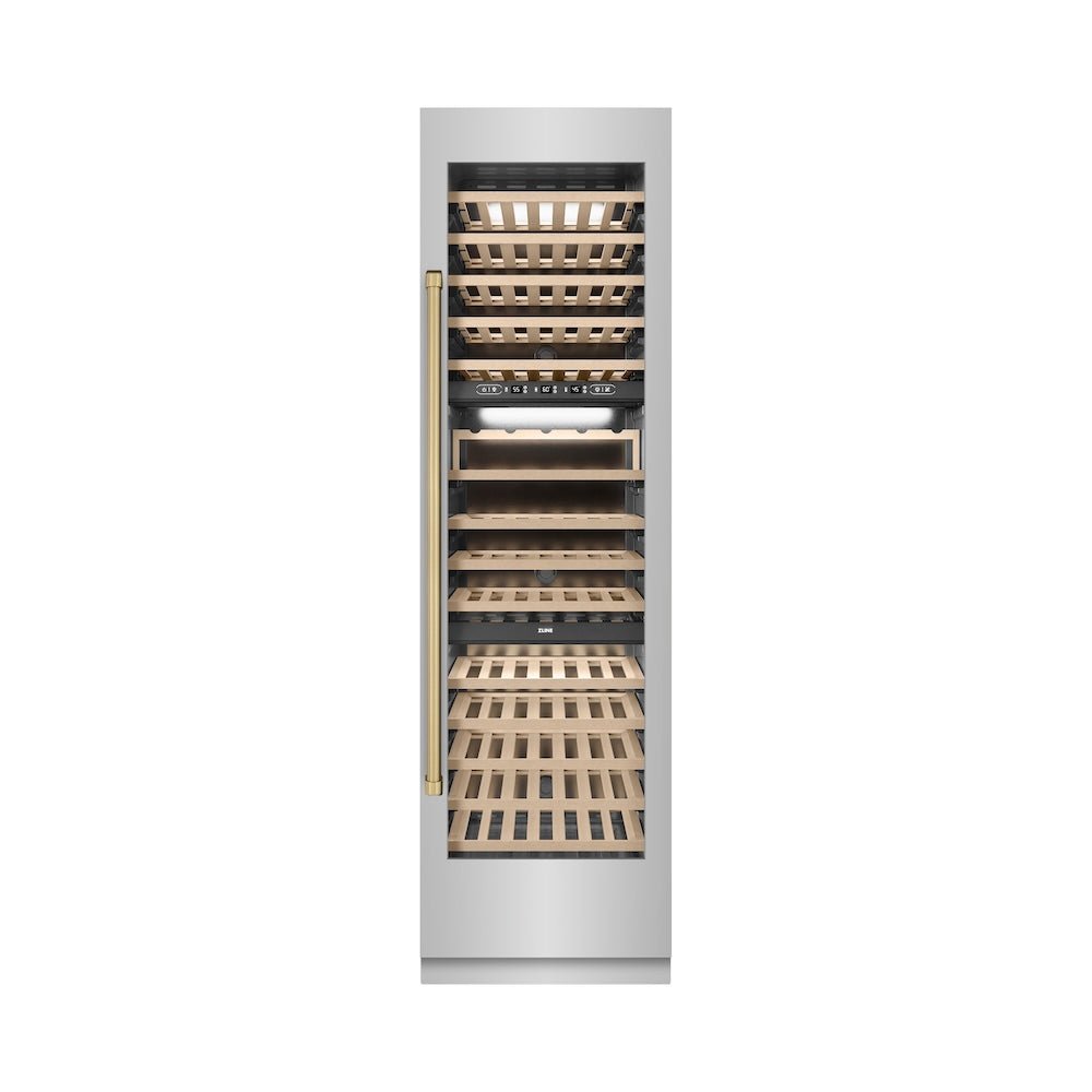 ZLINE Autograph Edition 24 in. 12.4 cu. ft. Triple Zone 100 Bottle Column Wine Cooler in Stainless Steel and Champagne Bronze Accents (RCWVZ-304-24-CB)