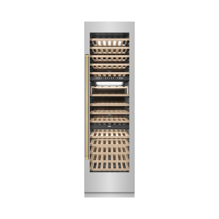 ZLINE Autograph Edition 24 in. 12.4 cu. ft. Triple Zone 100 Bottle Column Wine Cooler in Stainless Steel and Champagne Bronze Accents (RCWVZ-304-24-CB)