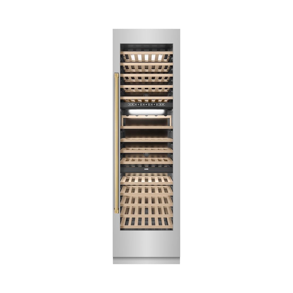 ZLINE Autograph Edition 24 in. 12.4 cu. ft. Triple Zone 100 Bottle Column Wine Cooler in Stainless Steel and Polished Gold Accents (RCWVZ-304-24-G)
