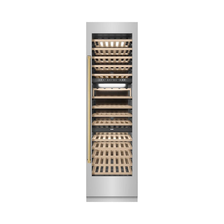 ZLINE Autograph Edition 24 in. 12.4 cu. ft. Triple Zone 100 Bottle Column Wine Cooler in Stainless Steel and Polished Gold Accents (RCWVZ-304-24-G)