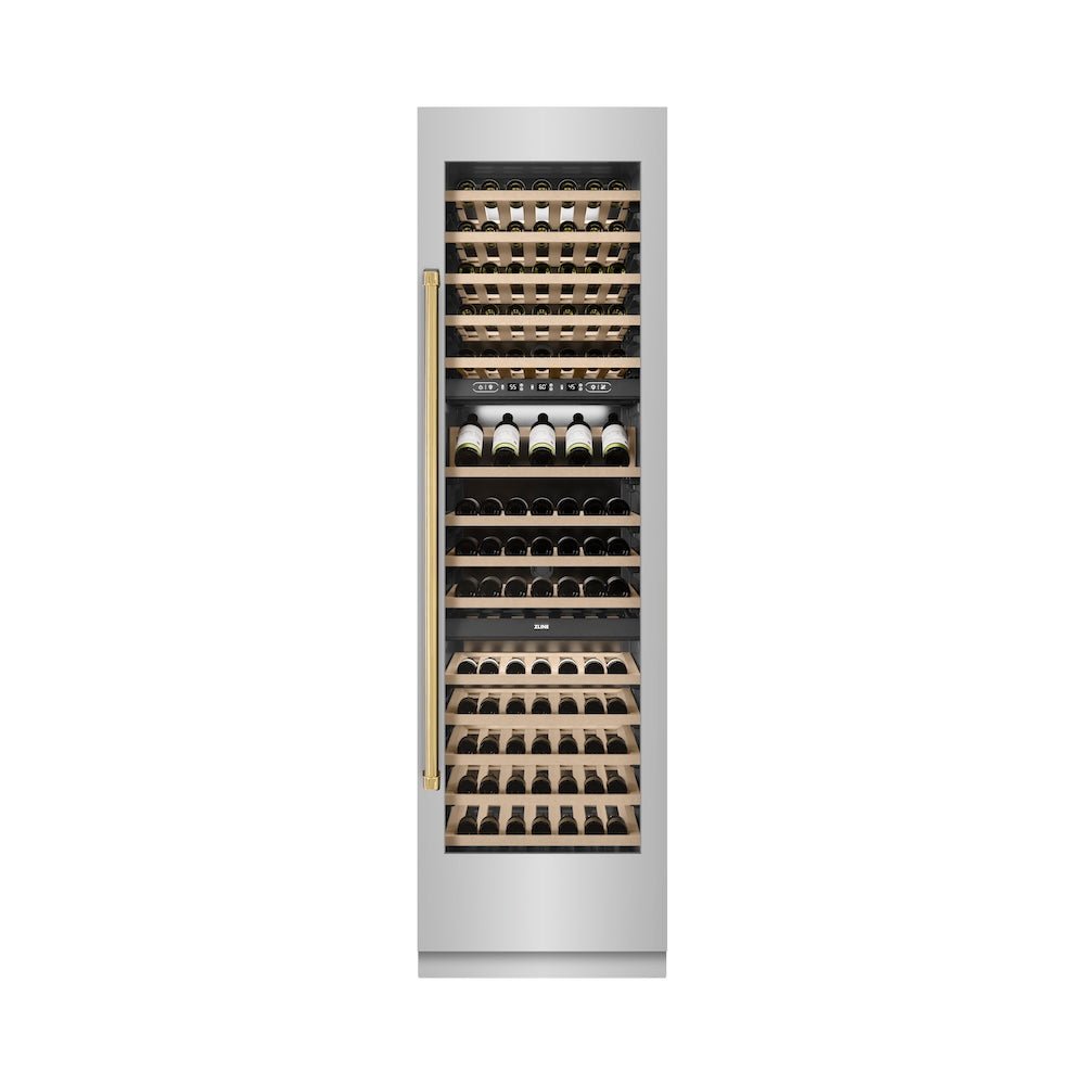 ZLINE Autograph Edition 24 in. 12.4 cu. ft. Triple Zone 100 Bottle Column Wine Cooler in Stainless Steel and Polished Gold Accents (RCWVZ-304-24-G)