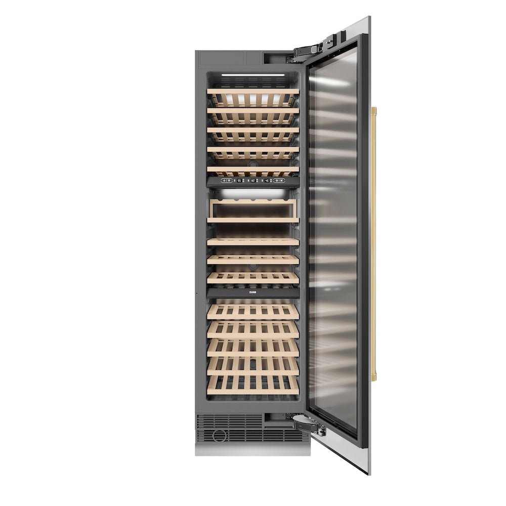 ZLINE Autograph Edition 24 in. 12.4 cu. ft. Triple Zone 100 Bottle Column Wine Cooler in Stainless Steel and Polished Gold Accents (RCWVZ-304-24-G)