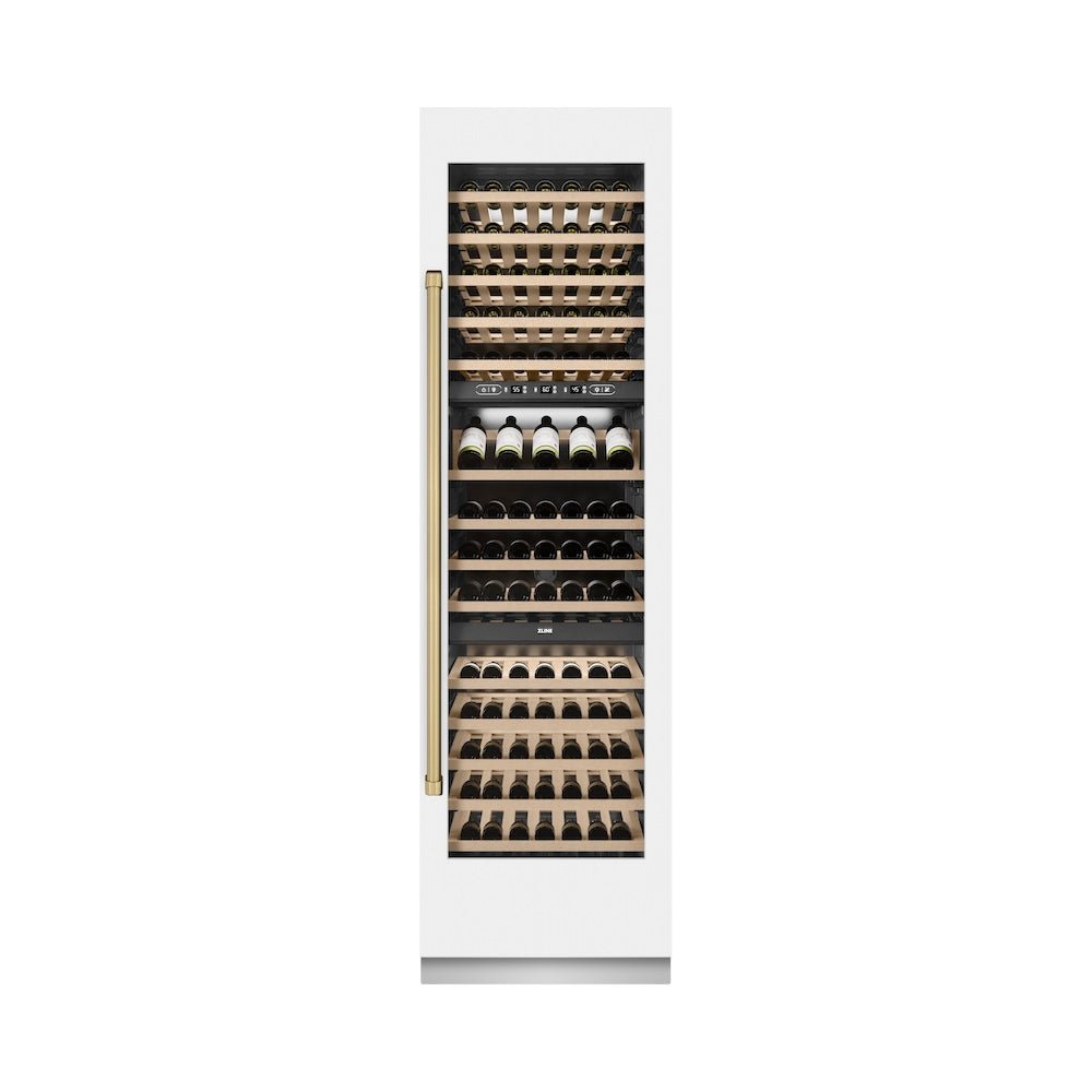 ZLINE Autograph Edition 24 in. 12.4 cu. ft. Triple Zone 100 Bottle Column Wine Cooler in White Matte and Champagne Bronze Accents (RCWVZ-WM-24-CB)