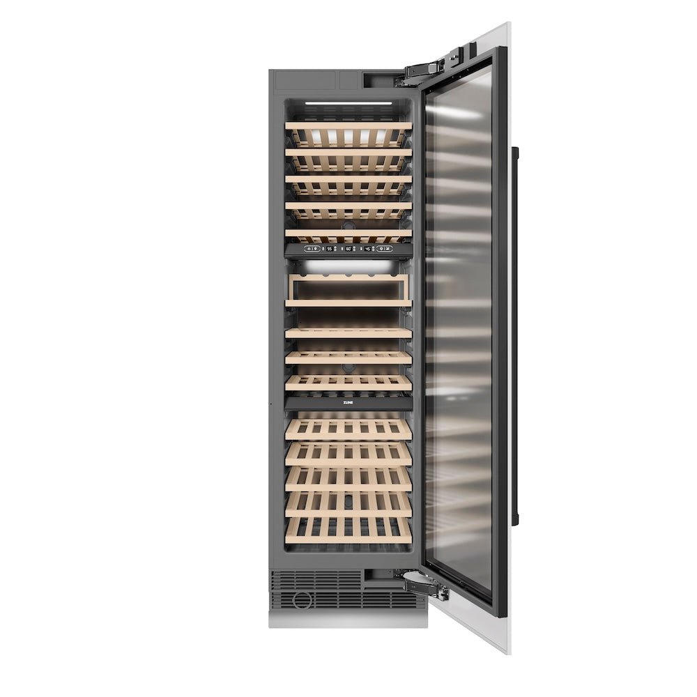 ZLINE Autograph Edition 24 in. 12.4 cu. ft. Triple Zone 100 Bottle Column Wine Cooler in White Matte and Matte Black Accents (RCWVZ-WM-24-MB)