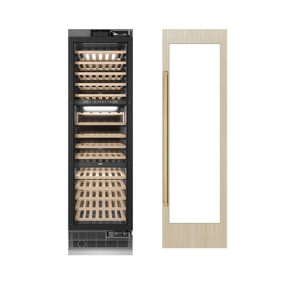 ZLINE Autograph Edition 24 in. 12.4 cu. ft. Triple Zone 100 Bottle Panel Ready Column Wine Cooler with Polished Gold Accents (RBCWVZ-24-G)
