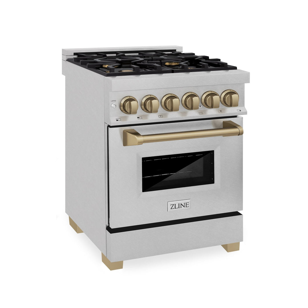 ZLINE Autograph Edition 24 in. 2.8 cu. ft. Legacy Dual Fuel Range with 4 Burner Gas Cooktop and Electric Convection Oven in Satin Stainless Steel and Champagne Bronze Accents (RASZ-SN-24-CB)