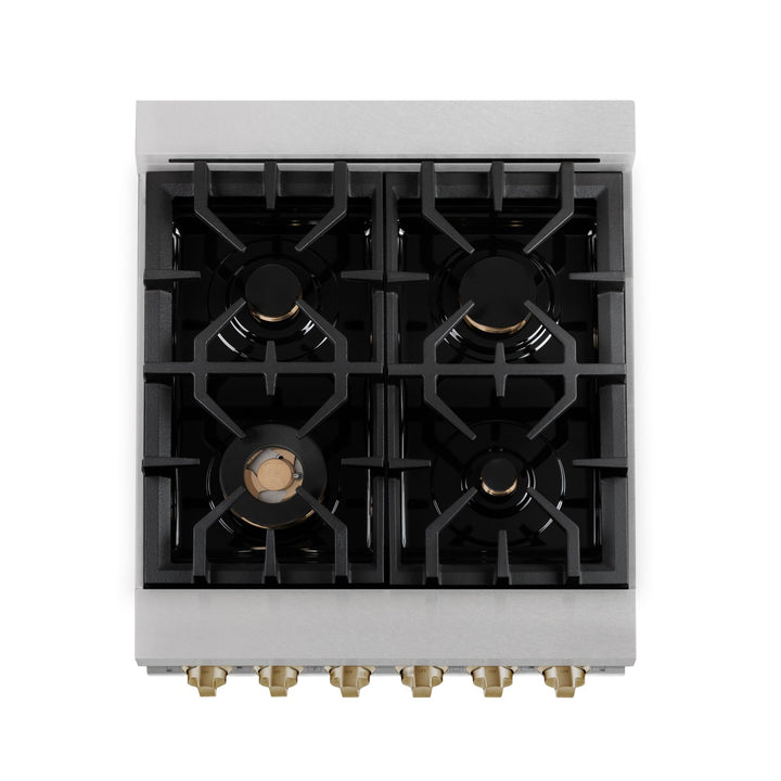 ZLINE Autograph Edition 24 in. 2.8 cu. ft. Legacy Dual Fuel Range with 4 Burner Gas Cooktop and Electric Convection Oven in Satin Stainless Steel and Champagne Bronze Accents (RASZ-SN-24-CB)
