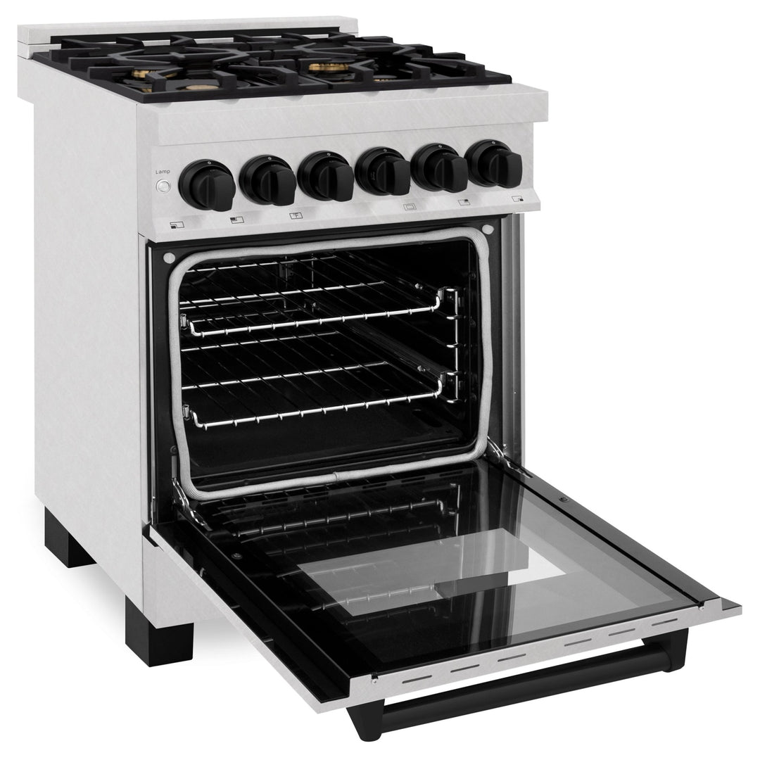 ZLINE Autograph Edition 24 in. 2.8 cu. ft. Legacy Dual Fuel Range with 4 Burner Gas Cooktop and Electric Convection Oven in Satin Stainless Steel and Matte Black Accents (RASZ-SN-24-MB)