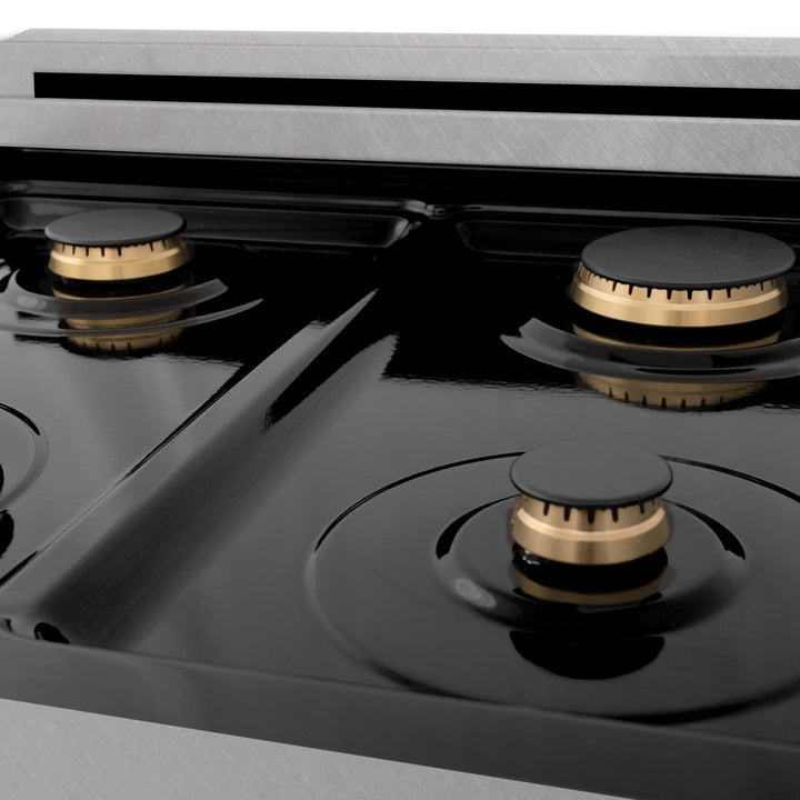 ZLINE Autograph Edition 24 in. 2.8 cu. ft. Legacy Dual Fuel Range with 4 Burner Gas Cooktop and Electric Convection Oven in Satin Stainless Steel with White Matte Door and Matte Black Accents (RASZ-WM-24-MB)