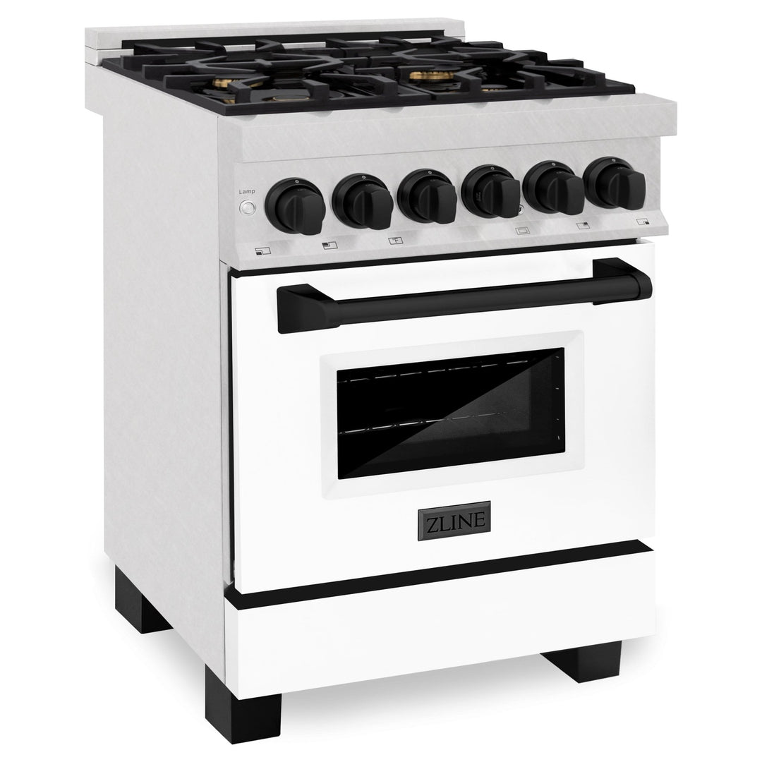 ZLINE Autograph Edition 24 in. 2.8 cu. ft. Legacy Dual Fuel Range with 4 Burner Gas Cooktop and Electric Convection Oven in Satin Stainless Steel with White Matte Door and Matte Black Accents (RASZ-WM-24-MB)