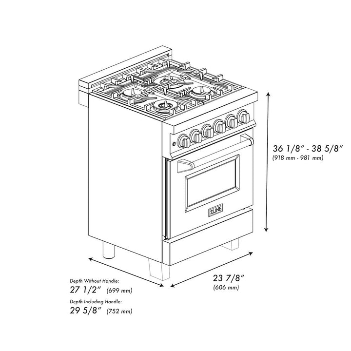 ZLINE Autograph Edition 24 in. 2.8 cu. ft. Legacy Dual Fuel Range with 4 Burner Gas Cooktop and Electric Convection Oven in Stainless Steel and Polished Gold Accents (RAZ-24-G)