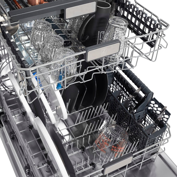 ZLINE Autograph Edition 24 in. Monument Series 3rd Rack Top Touch Control Tall Tub Dishwasher in Black Stainless Steel with Polished Gold Helix Handle, 45dBa (DWMTZ-BS-24-KG)