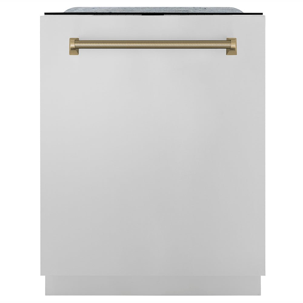 ZLINE Autograph Edition 24 in. Monument Series 3rd Rack Top Touch Control Tall Tub Dishwasher in Stainless Steel with Champagne Bronze Helix Handle, 45dBa (DWMTZ-30424-KCB)