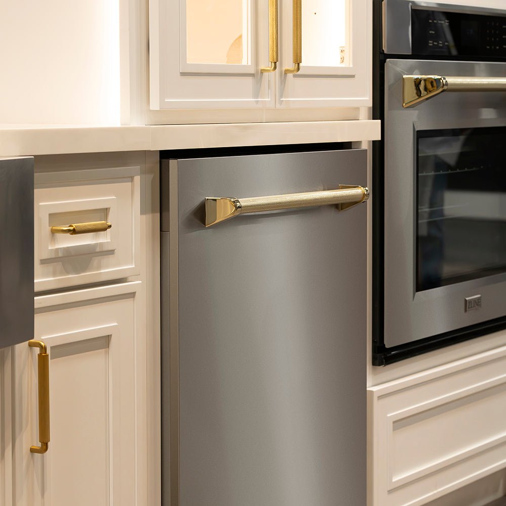 ZLINE Autograph Edition 24 in. Monument Series 3rd Rack Top Touch Control Tall Tub Dishwasher in Stainless Steel with Polished Gold Helix Handle, 45dBa (DWMTZ-30424-KG)