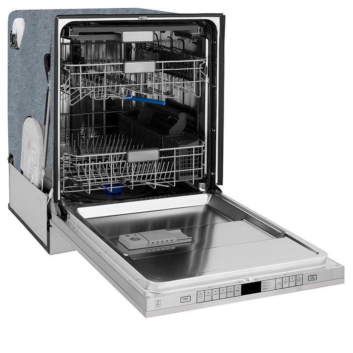 ZLINE Autograph Edition 24 in. Monument Series 3rd Rack Top Touch Control Tall Tub Dishwasher in Stainless Steel with Polished Nickel Helix Handle, 45dBa (DWMTZ-30424-KPN)