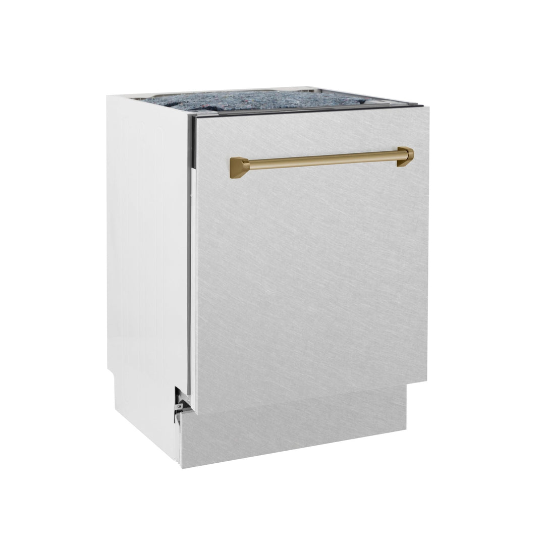 ZLINE Autograph Edition 24 in. Tallac Series 3rd Rack Top Control Built-In Tall Tub Dishwasher with Satin Stainless Steel Panel and Champagne Bronze Handle, 51dBa (DWVZ-SN-24-CB)