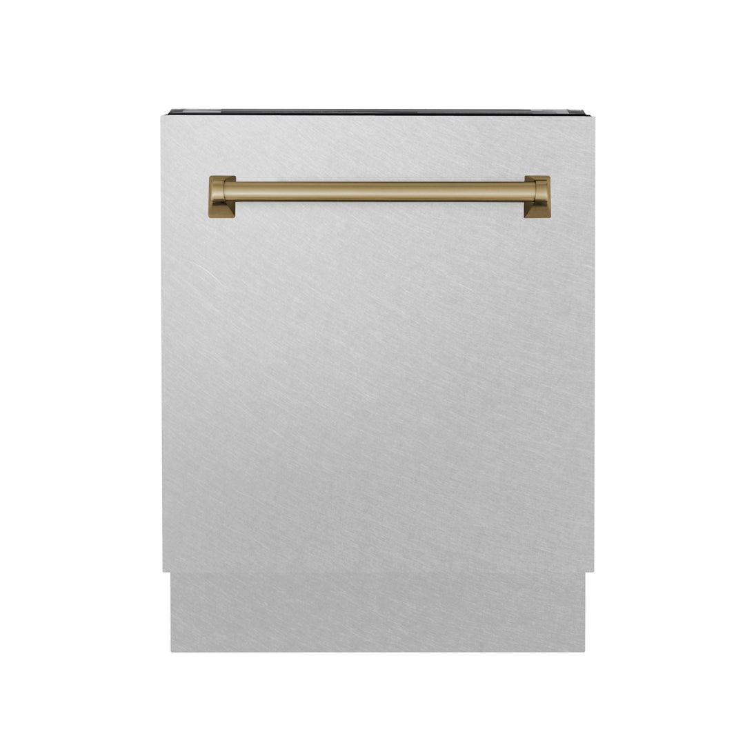 ZLINE Autograph Edition 24 in. Tallac Series 3rd Rack Top Control Built-In Tall Tub Dishwasher with Satin Stainless Steel Panel and Champagne Bronze Handle, 51dBa (DWVZ-SN-24-CB)
