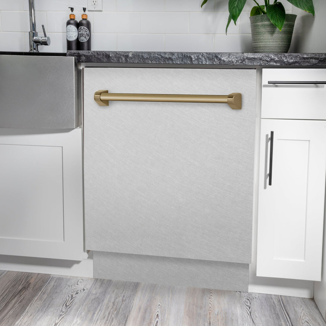 ZLINE Autograph Edition 24 in. Tallac Series 3rd Rack Top Control Built-In Tall Tub Dishwasher with Satin Stainless Steel Panel and Champagne Bronze Handle, 51dBa (DWVZ-SN-24-CB)