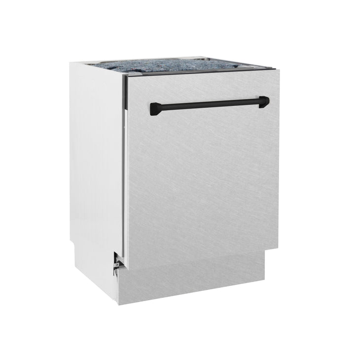 ZLINE Autograph Edition 24 in. Tallac Series 3rd Rack Top Control Built-In Tall Tub Dishwasher with Satin Stainless Steel Panel and Matte Black Handle, 51dBa (DWVZ-SN-24-MB)