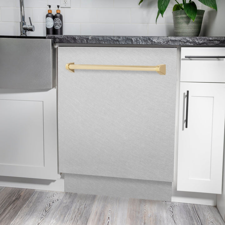 ZLINE Autograph Edition 24 in. Tallac Series 3rd Rack Top Control Built-In Tall Tub Dishwasher with Satin Stainless Steel Panel and Polished Gold Handle, 51dBa (DWVZ-SN-24-G)