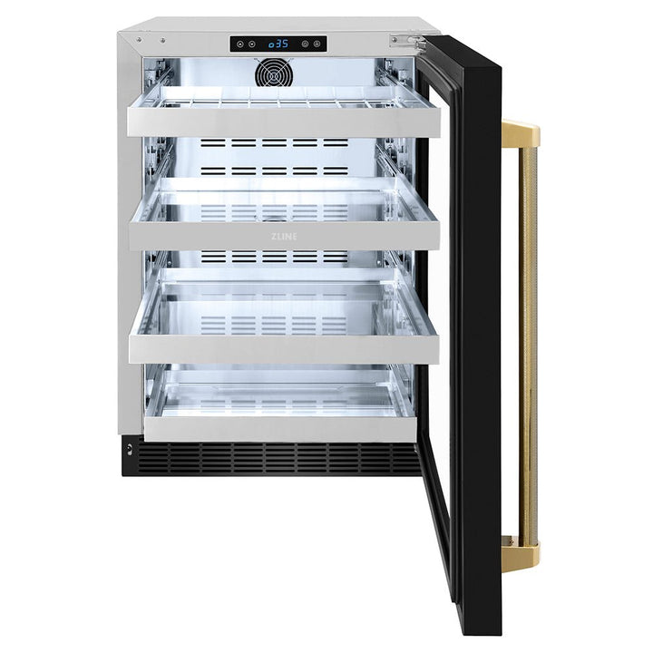 ZLINE Autograph Edition 24 in. Touchstone 151 Can Beverage Fridge with Black Stainless Steel Glass Door and Polished Gold Helix Handle (RBSOZ-BS-24-KG)