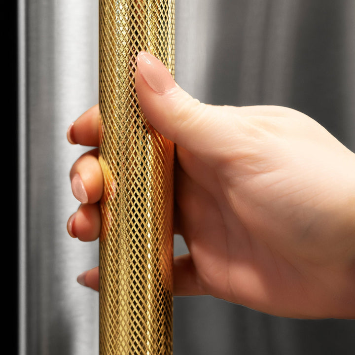 ZLINE Autograph Edition 24 in. Touchstone 151 Can Beverage Fridge with Black Stainless Steel Glass Door and Polished Gold Helix Handle (RBSOZ-BS-24-KG)