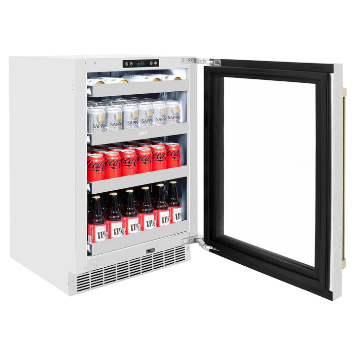 ZLINE Autograph Edition 24 in. Touchstone 151 Can Beverage Fridge With Satin Stainless Steel Glass Door And Champagne Bronze Handle (RBSOZ-SN-24-CB)