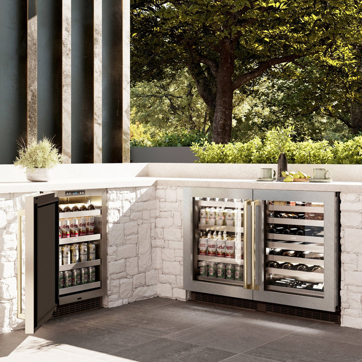 ZLINE Autograph Edition 24 in. Touchstone 151 Can Beverage Fridge With Satin Stainless Steel Glass Door And Champagne Bronze Handle (RBSOZ-SN-24-CB)