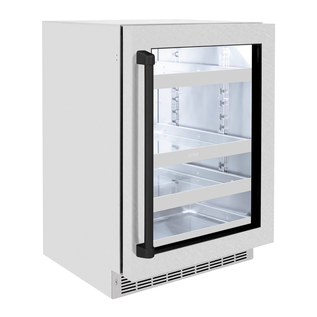 ZLINE Autograph Edition 24 in. Touchstone 151 Can Beverage Fridge With Satin Stainless Steel Glass Door And Matte Black Handle (RBSOZ-SN-24-MB)