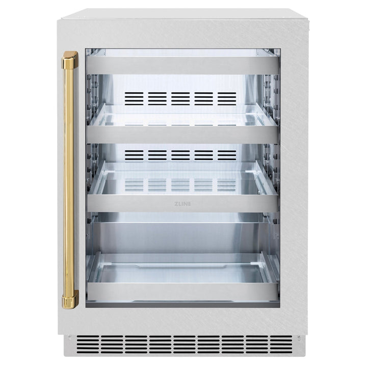 ZLINE Autograph Edition 24 in. Touchstone 151 Can Beverage Fridge With Satin Stainless Steel Glass Door And Polished Gold Handle (RBSOZ-SN-24-G)