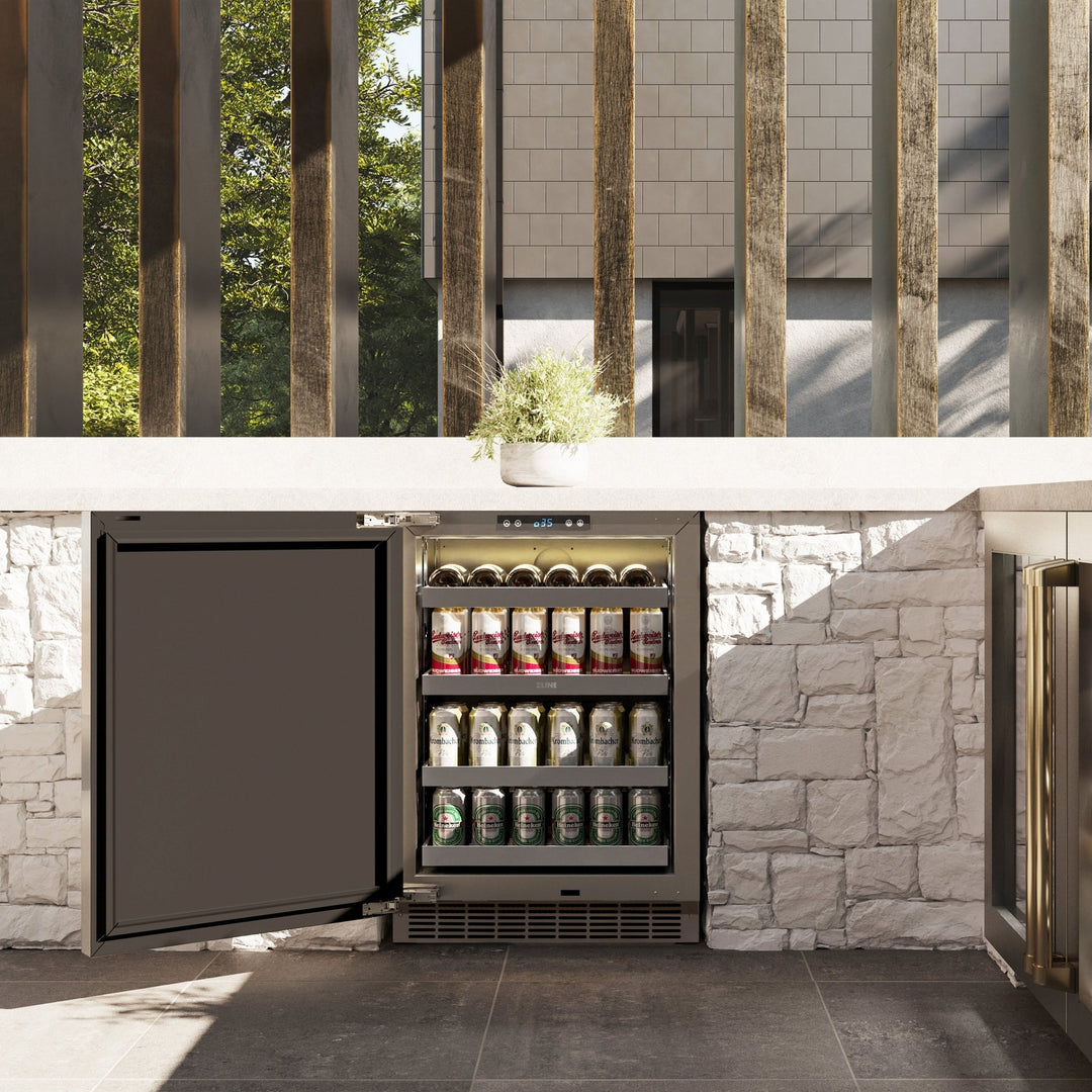 ZLINE Autograph Edition 24 in. Touchstone 151 Can Beverage Fridge With Solid Stainless Steel Door And Polished Gold Handle (RBSOZ-ST-24-G)