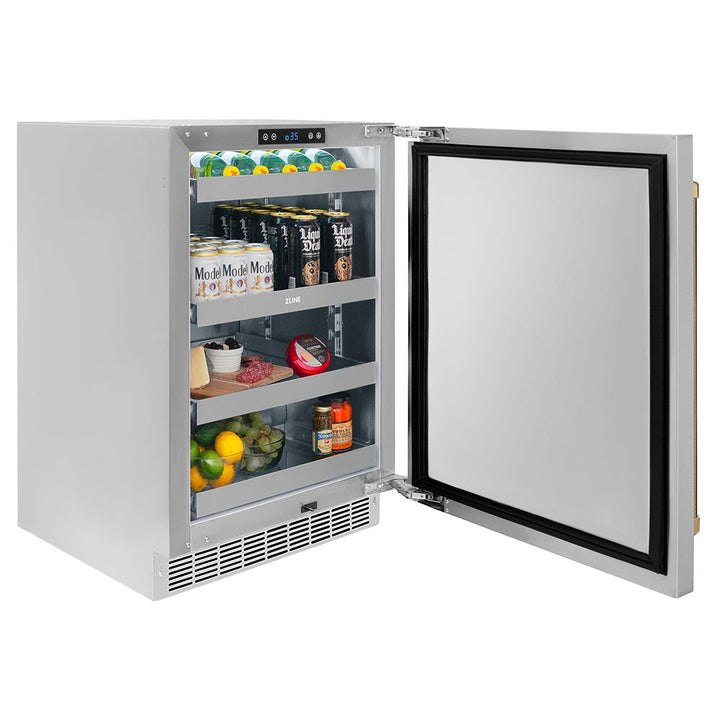 ZLINE Autograph Edition 24 in. Touchstone 151 Can Beverage Fridge with Solid Stainless Steel Door and Polished Gold Helix Handle (RBSOZ-ST-24-KG)