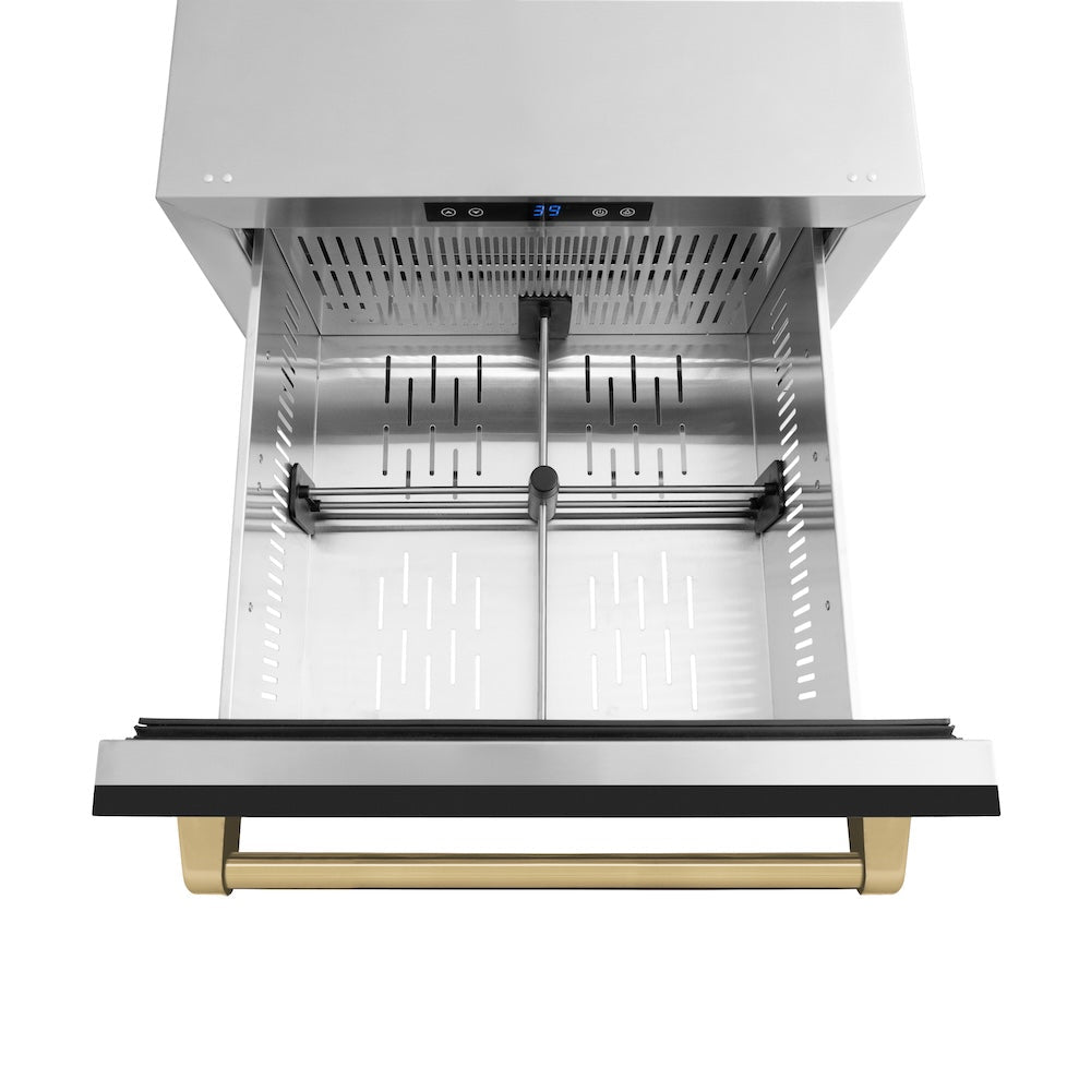 ZLINE Autograph Edition 24 in. Touchstone 168 Can Outdoor-Rated Dual Refrigerator Drawer with Black Matte Doors and Champagne Bronze Handles (RDSOZ-BLM-24-CB)